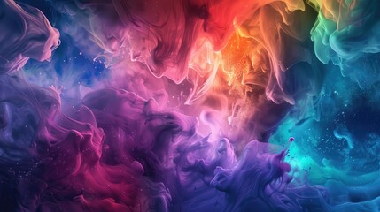 Fototapeta premium Abstract swirling nebula of vibrant, multicolored inks in hues of red, orange, purple, blue, and teal, speckled with glitter-like particles