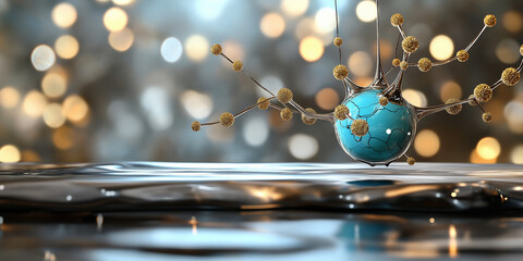 A breathtaking abstract of a blue, cracked sphere with golden radiating branches and glowing particles, suspended over a reflective liquid surface, with blurred bokeh lights in the background.