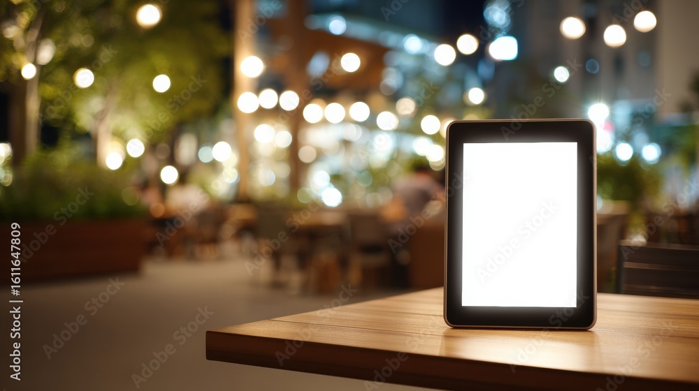 Poster high-resolution tablet mockup on a cafe table with a glowing screen in an outdoor setting during eve