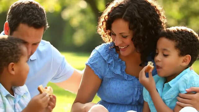 Cheerful multicultural family with mother father and two sons enjoying food in a sunny park