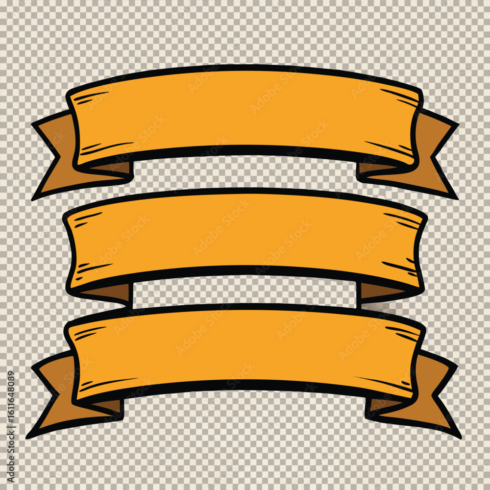Aufkleber three orange hand drawn banners with black outlines on a transparent background for adding text and 
