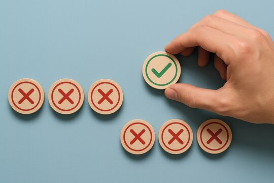 Decision Making: A hand meticulously selects the correct answer from a series of choices, highlighting the essence of informed choices and smart decision-making with an air of simplicity and clarity.