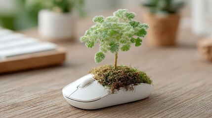 Technology device sprouting vegetation, sustainable computing metaphor for environmental designs.