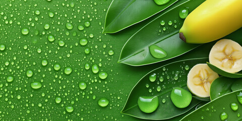 A vibrant close-up of fresh green leaves covered in numerous water droplets, with a banana and sliced banana pieces, creating a refreshing and natural composition