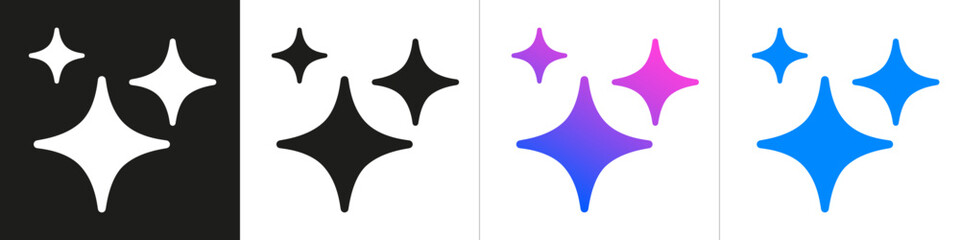 Generative AI logo, AI magic sparkle stars, chat with AI application, artificial intelligence online tool, artificial intelligence star logo generation