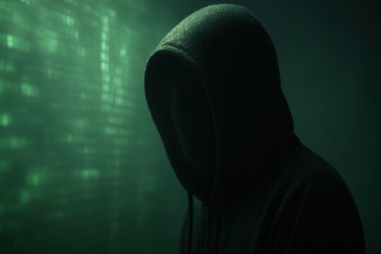 Hooded Hacker Behind Blurred Code Screen