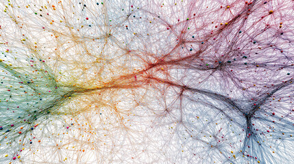 A neural network visualization, depicting a complex web of interconnected nodes and lines in vibrant, colorful hues. Ideal for themes of artificial intelligence, technology, and abstract data.