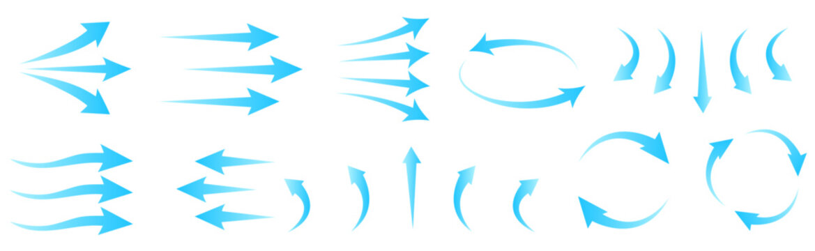 Set of blue arrow showing wind air flow isolated on white background, air direction signs. Air conditioning arrows
