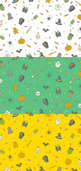 Halloween seamless vector pattern set, horror elements, halloween poster with ghosts, bats, pumpkin, skulls and zombies on white background. eps 10