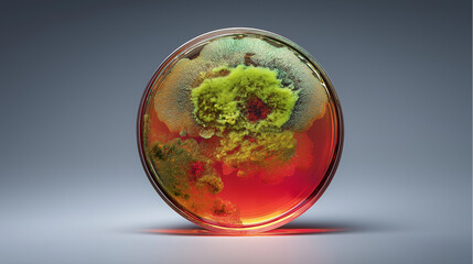 A petri dish showcasing vibrant culture growth in shades of green and orange on a red agar, creating an abstract and dynamic microscopic view. Ideal for themes of science, biology, and laboratory 