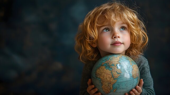 Focused child holding a globe with a strategic gaze