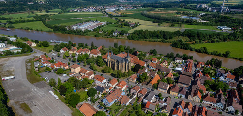 Aerial panoramic view around the old town of the city Bad Wimpfen in Germany on a sunny spring day	