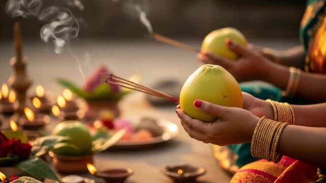 Chhath puja incense sticks and apples form a religious ceremony backdrop with smoke. Ideal for cultural, religious, festive, and spiritual themes.