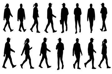 Collection of diverse walking people silhouettes, various poses and styles.