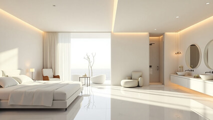 A Serene and Spacious Panoramic Interior Scene of a Welcoming Environment for Relaxation