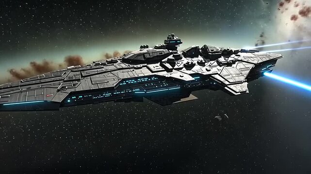 Futuristic spaceship navigating through a starry galaxy with distant planets and asteroids visible