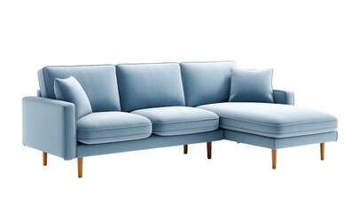 Fototapeta premium Modern light blue sofa with chaise longue on transparent background