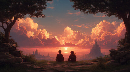 Dramatic Sunset Over Fantasy Castle and Spectacular Sky
