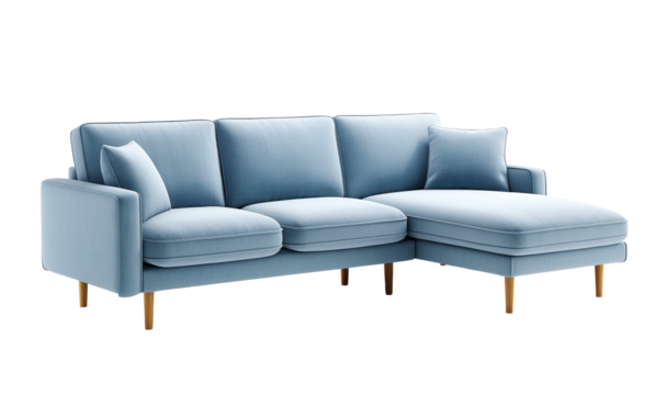 Modern light blue sofa with chaise longue on transparent background
