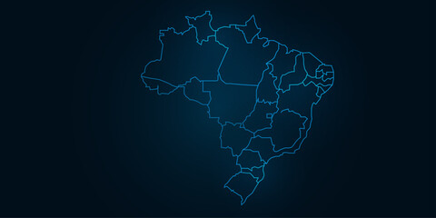 Map of brazil - With glowing point and lines scales on the dark gradient background. brazil map with country borders, thin Blue outline on dark background. 