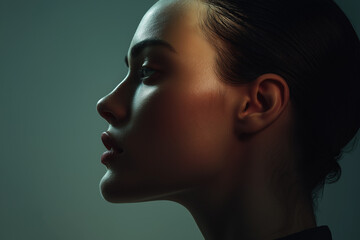 A close up profile of a woman with dark hair and fair skin in soft lighting against a muted background
