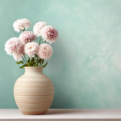 Fototapeta premium Floral Serenity: A delicate bouquet of blush-colored blossoms graces a ceramic vase, standing gracefully on a light surface against a pastel backdrop.