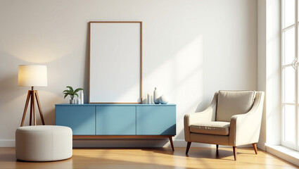 A Serene 3D Rendered Villa Living Room Featuring a Beautiful Blue Carpet and Elegant Decor