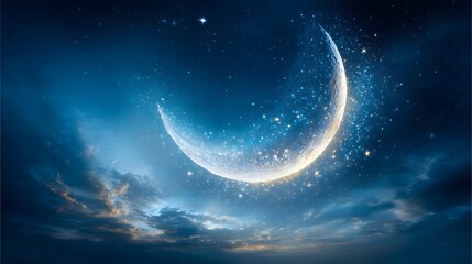 A luminous crescent moon amongst a starry night sky.