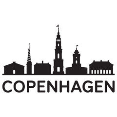 Fototapeta premium Vector Copenhagen skyline. Travel Copenhagen famous landmarks. Business and tourism concept for presentation, banner, web site. Vector black silhouette. with white background