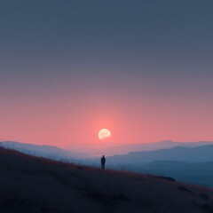 Obraz premium Solitary figure silhouetted against a large, reddish-pink sun setting over a vast, hazy mountain range under a dusky purple-blue sky