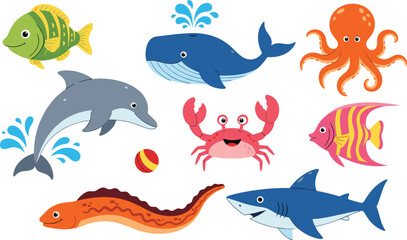 Cartoon sea animal vector pack—whale, dolphin, shark, octopus, fish, crab, eel and squid in colorful style for children’s ocean media