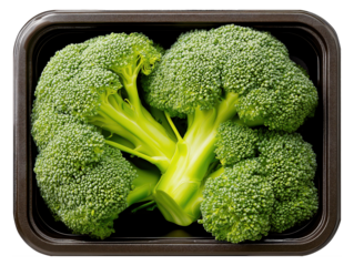 Fresh broccoli florets in black tray on transparent background