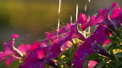 Dreamy slow motion scene of watering vibrant pink petunia flowers in a sunlit summer garden - Powered by Adobe