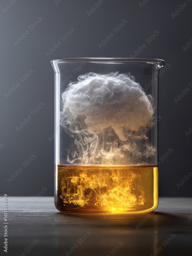 Poster liquid in a lab beaker showcases brain-shaped clouds rising above its surface in a captivating scien