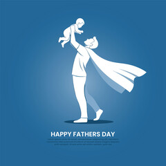 Father wearing cape throws baby high on blue background showing paternal love