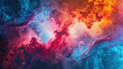 Obraz premium Abstract swirling vibrant blue, red, and orange colors resembling smoke or ink underwater, creating a dynamic, contrasting composition