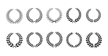 Ten laurel wreaths in black feature different leaf shapes and thicknesses on a transparent background