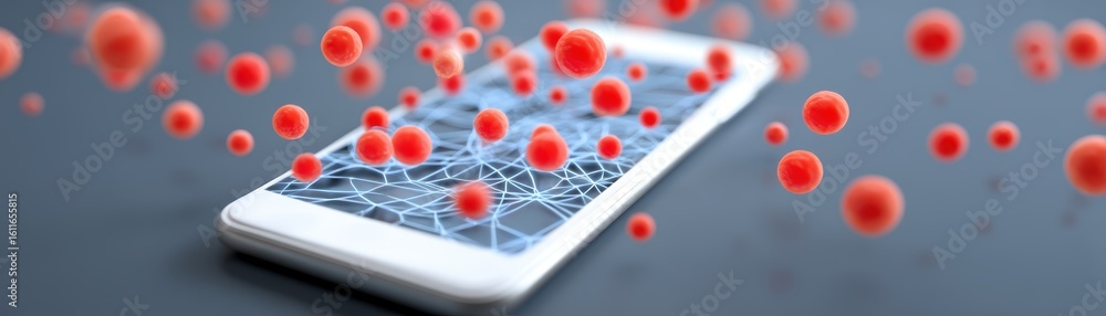 Poster a smartphone with a digital network display, surrounded by floating red spheres representing data or