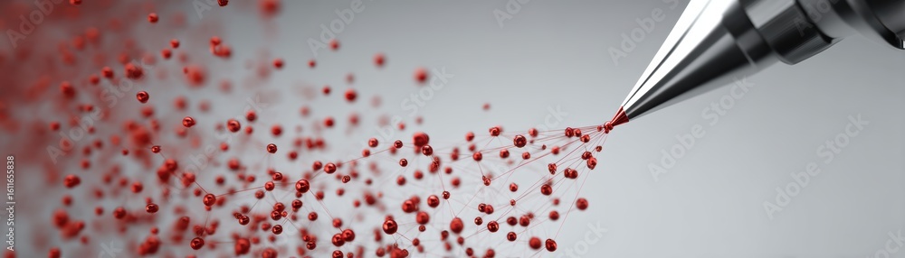 Poster a pen tip drawing a complex network of interconnected red spheres and lines, symbolizing creativity,