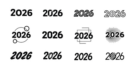 Set featuring twelve varied 2026 designs in black ink conveys a diversity, transparent background