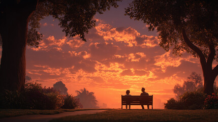 Two People on a Bench Watching a Scenic Sunset in a Park
