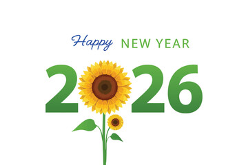 Happy New Year 2026 features vibrant sunflowers with green numbers on a white background