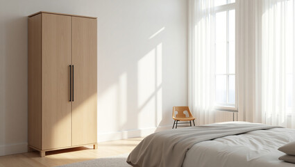 A Serene White and Wood Tone Bedroom Captured from a Unique Angle, Showcasing Comfort and Style