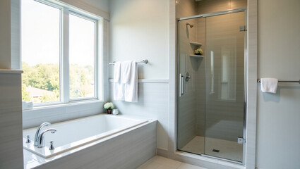 A Serene Gray and White Bathroom Corner Featuring a Sleek Sink and Modern Fixtures