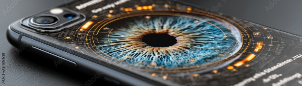 Poster a smartphone displays a highly detailed digital eye with futuristic hud elements, symbolizing biomet