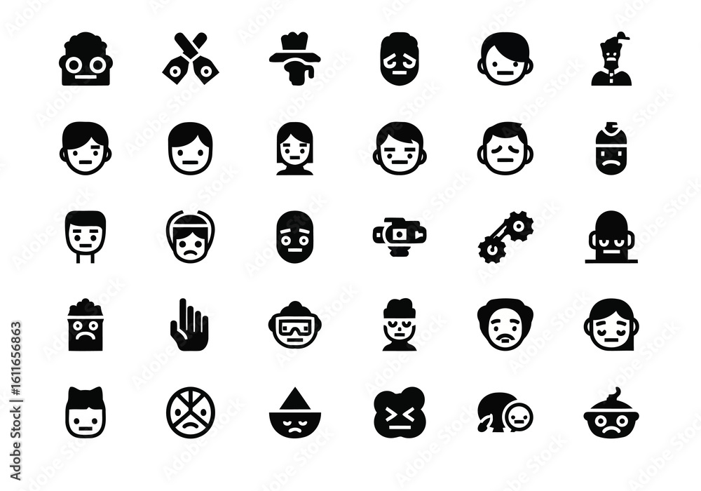Poster vector art of a diverse collection of black and white icons representing various human emotions and 