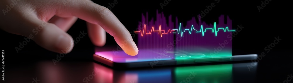 Poster a finger interacts with a smartphone displaying a colorful, floating ecg heartbeat graph on a dark b