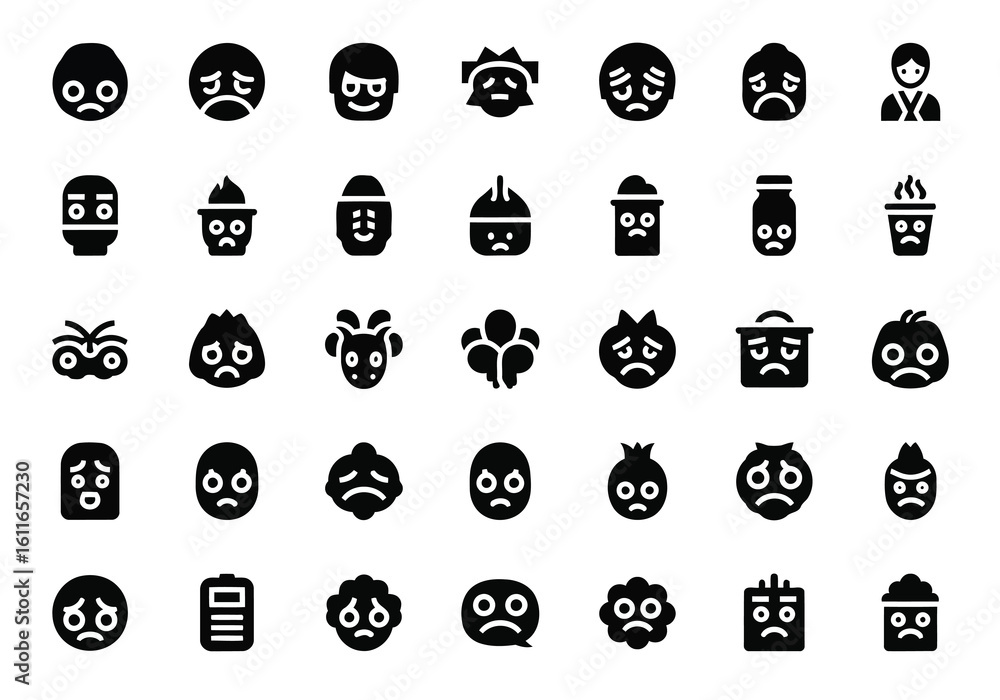 Poster vector art of a diverse collection of sad and unhappy emoji icons representing various negative emot