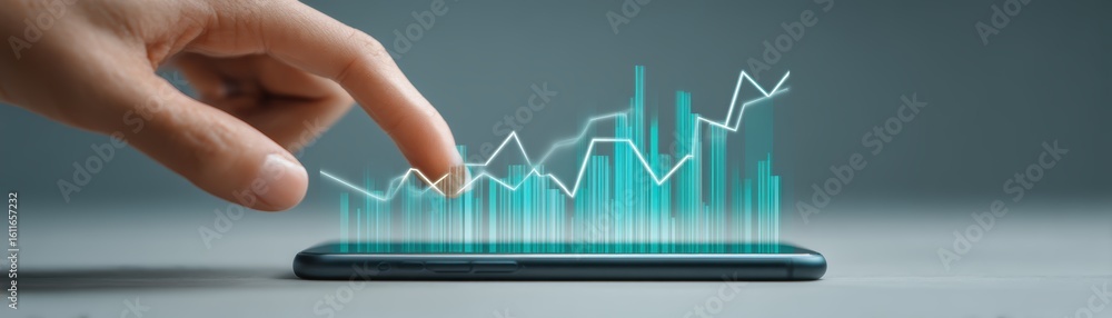 Poster a hand interacts with a smartphone displaying a futuristic holographic financial graph and data visu