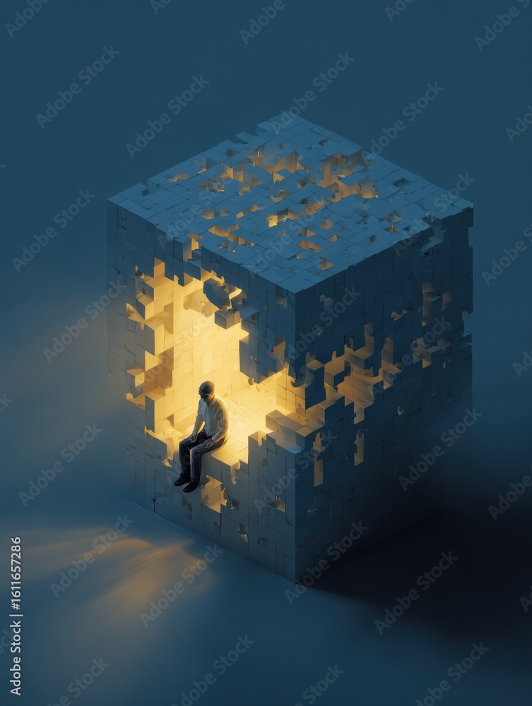 Poster person discovers new thoughts while breaking free from a cube-shaped mind with an open side in a sur